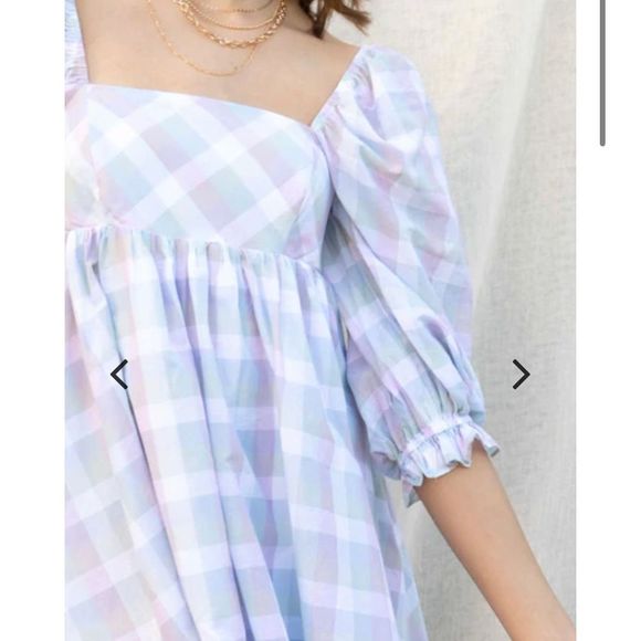 ✨NWT✨STORIA✨PASTEL PLAID PUFF-SLEEVEST BABYDOLL MINI DRESS - Picture 12 of 14